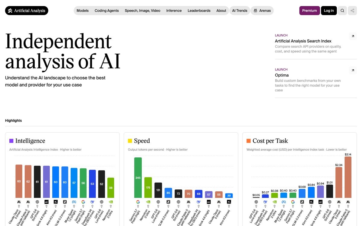 Artificial Analysis homepage