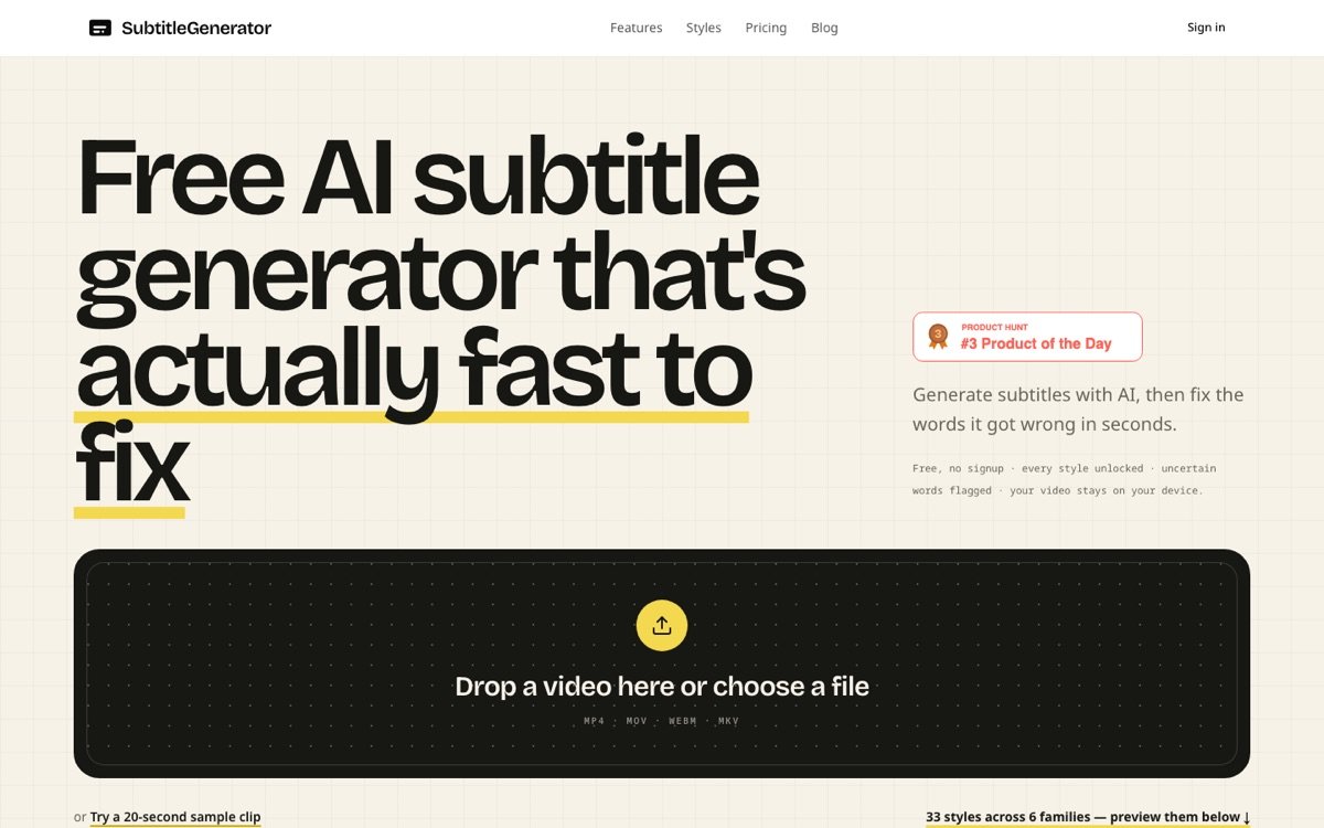 Subtitle Generator homepage
