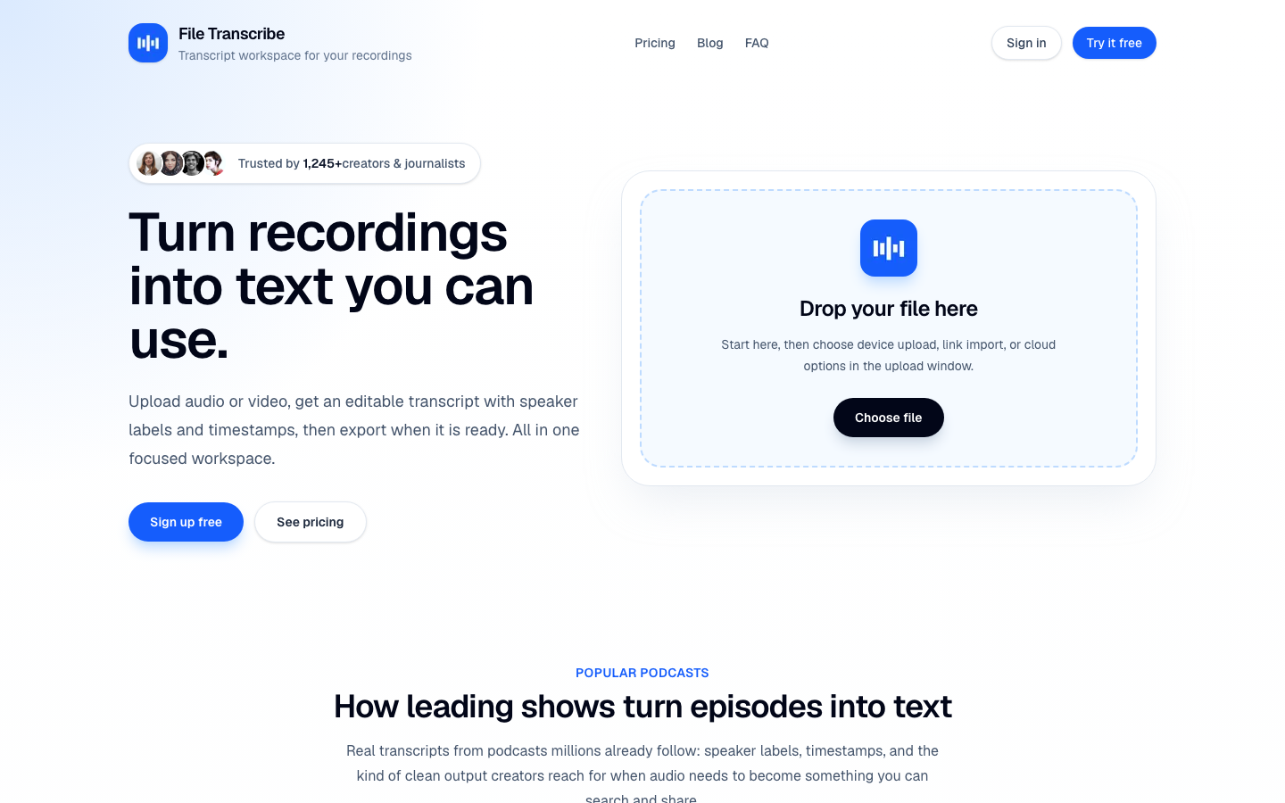 File Transcribe homepage