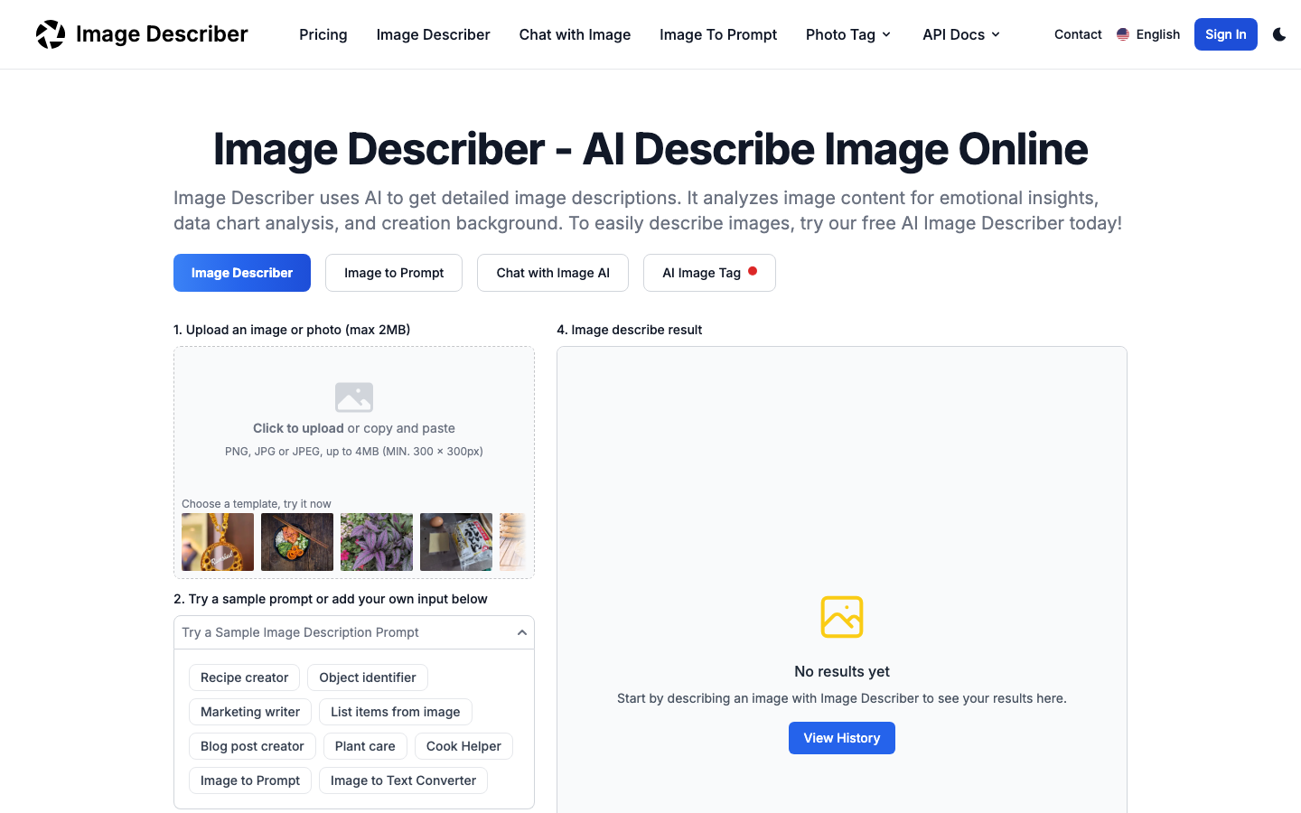 Image Describer homepage