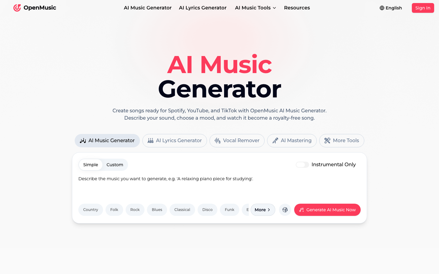 OpenMusic AI homepage
