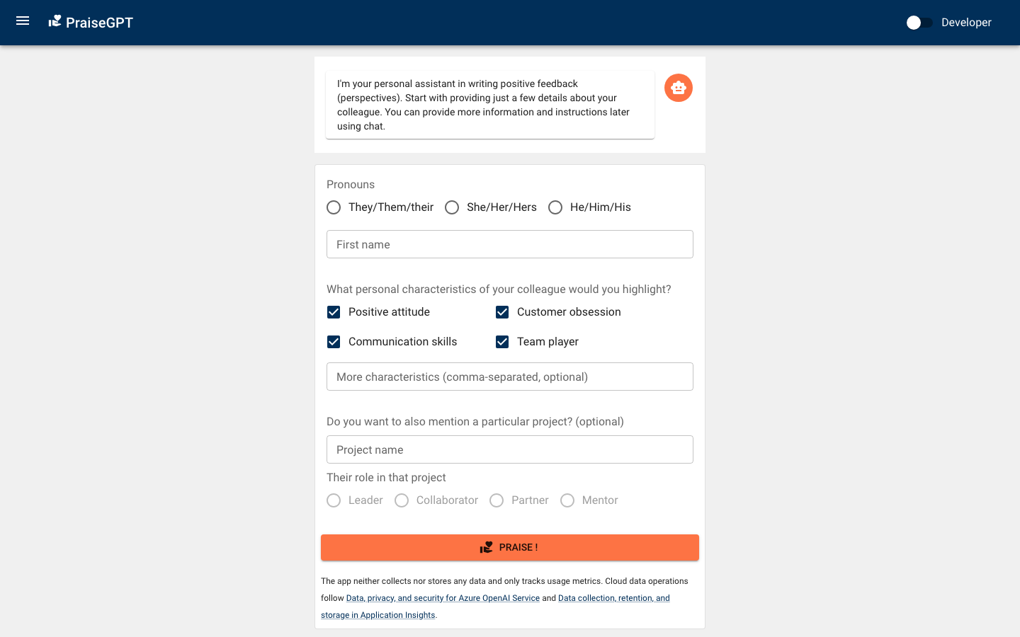 PraiseGPT - Praise your colleagues on a large scale! screenshot