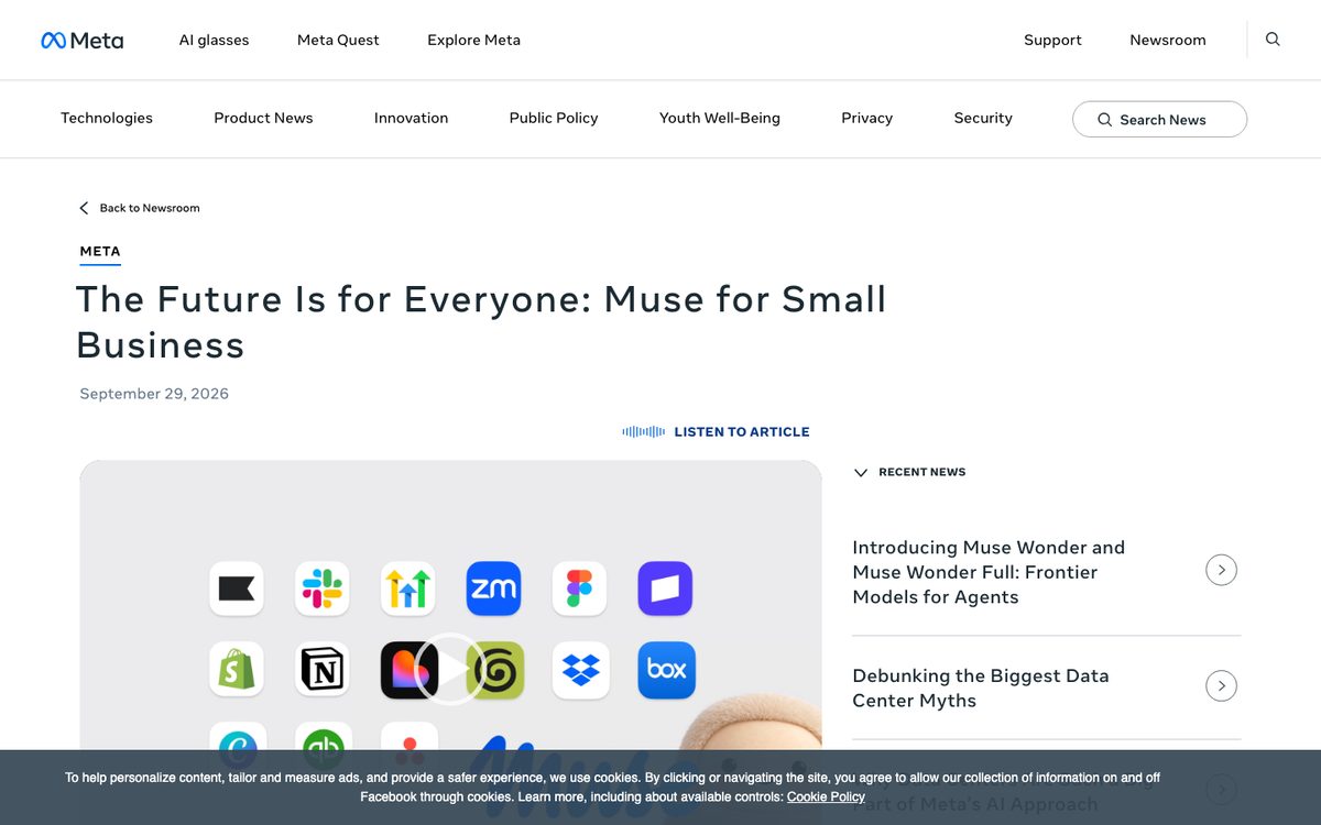 Meta Newsroom post The Future Is for Everyone: Muse for Small Business, dated 29 September 2026