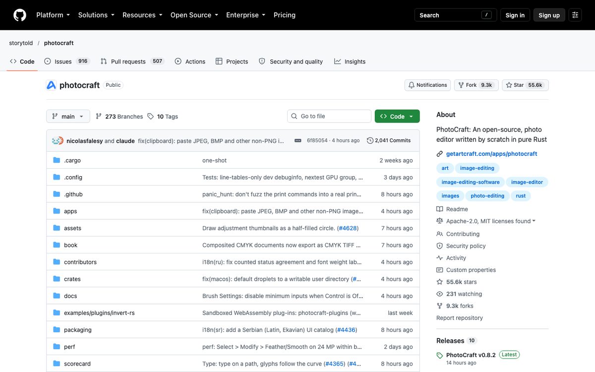 The storytold/photocraft repository on GitHub showing its Apache-2.0 licence and star count