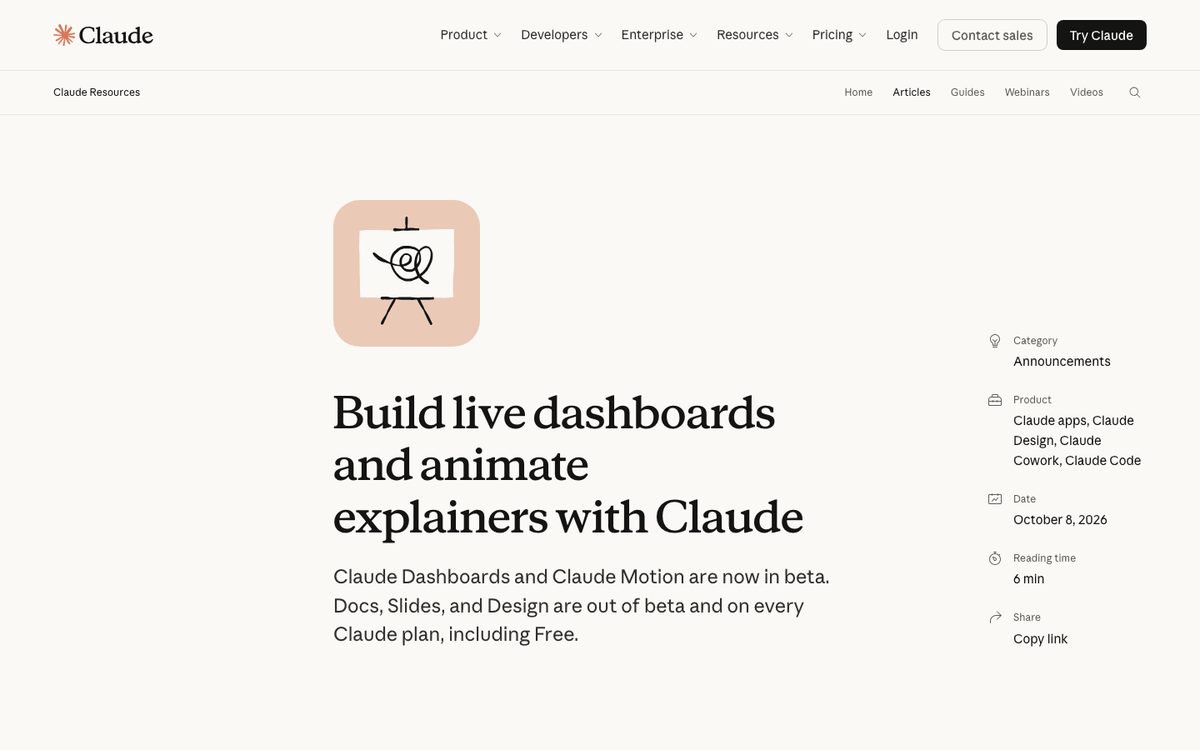 Claude article Build live dashboards and animate explainers with Claude, dated 8 October 2026