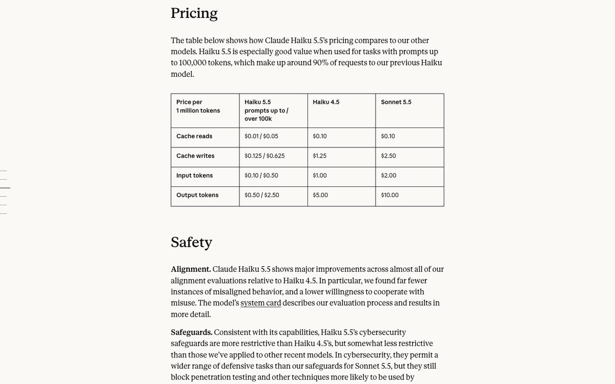 Pricing table on Anthropic's Claude Haiku 5.5 page comparing Haiku 5.5, Haiku 4.5 and Sonnet 5.5 per million tokens