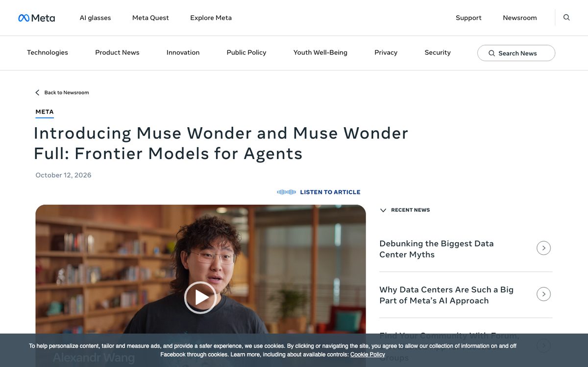 Meta Newsroom post Introducing Muse Wonder and Muse Wonder Full, dated 12 October 2026
