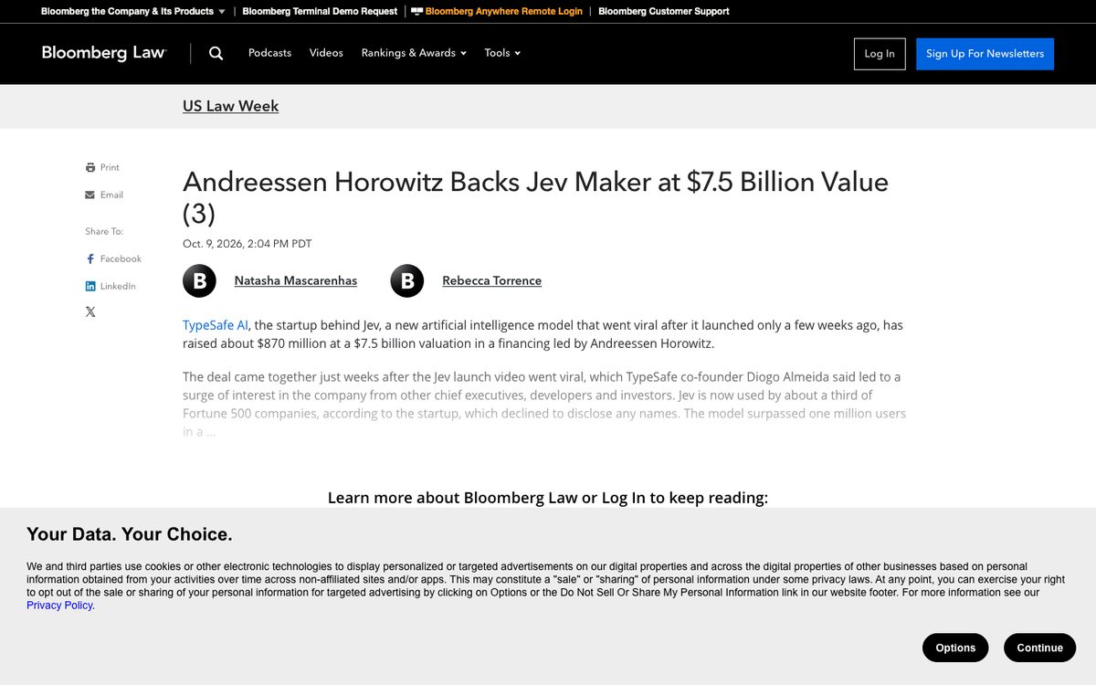 Bloomberg Law article Andreessen Horowitz Backs Jev Maker at $7.5 Billion Value, dated 9 October 2026
