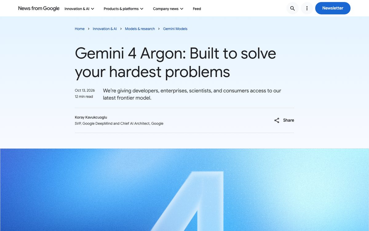Google blog post Gemini 4 Argon: Built to solve your hardest problems, dated 13 October 2026