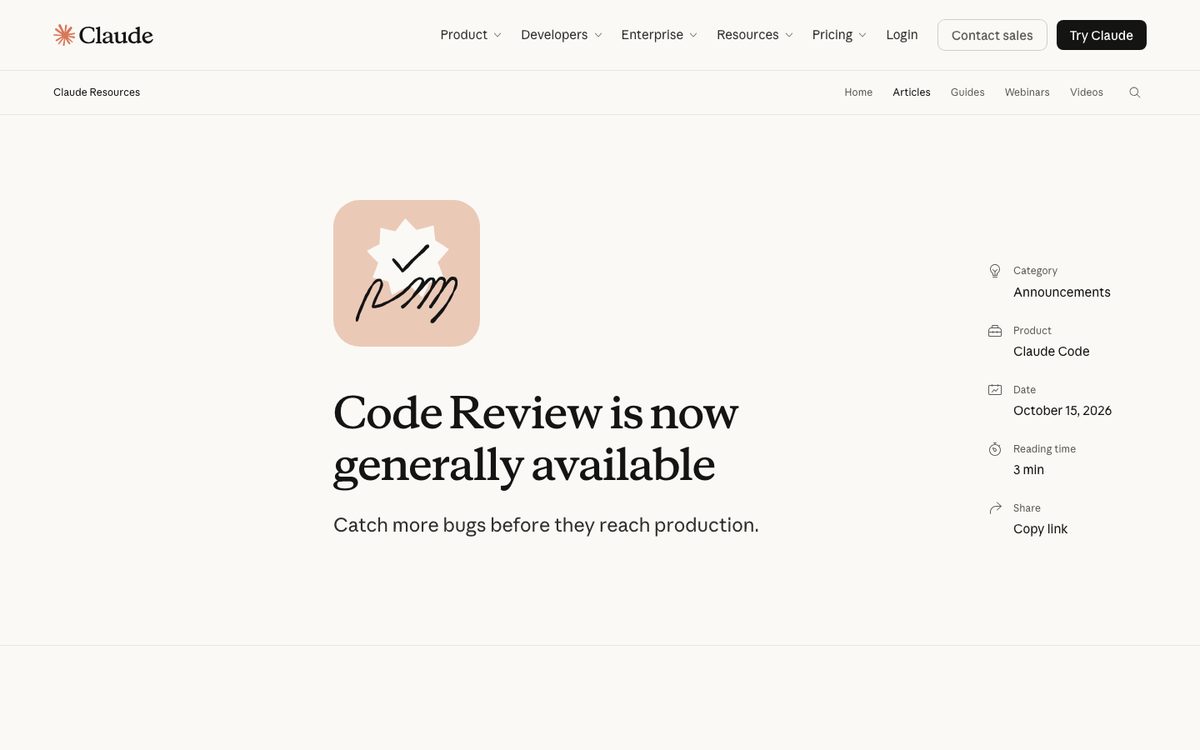 Claude article Code Review is now generally available, dated 15 October 2026