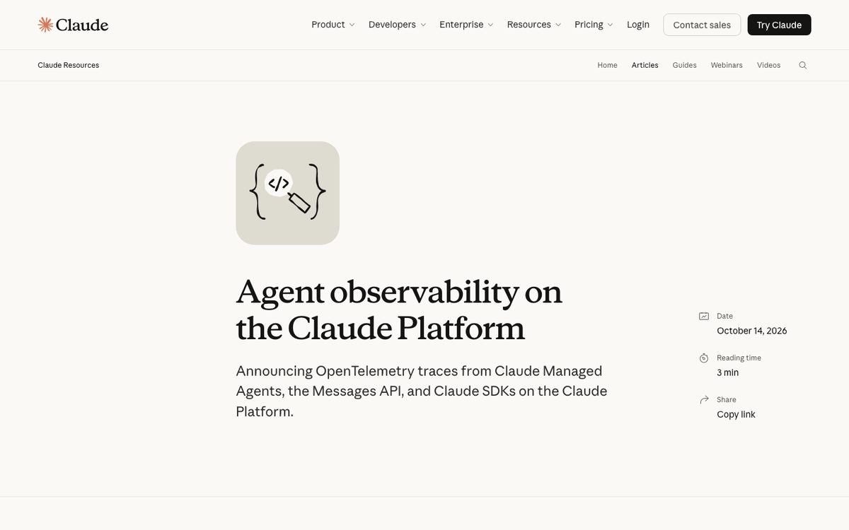 Claude article Agent observability on the Claude Platform, dated 14 October 2026