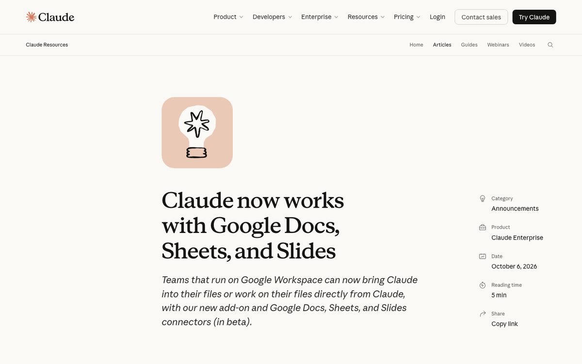 Claude article Claude now works with Google Docs, Sheets, and Slides, dated 6 October 2026