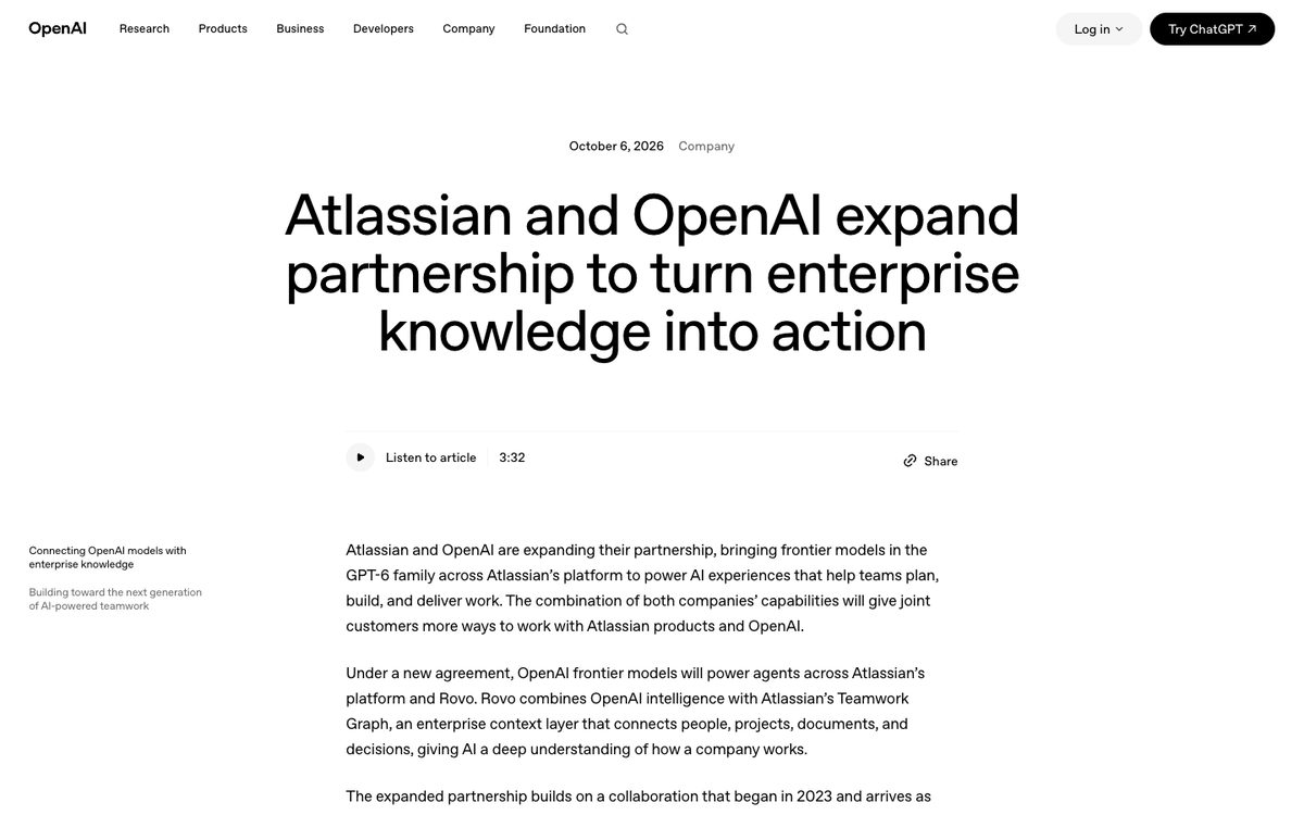 OpenAI post Atlassian and OpenAI expand partnership to turn enterprise knowledge into action, dated 6 October 2026