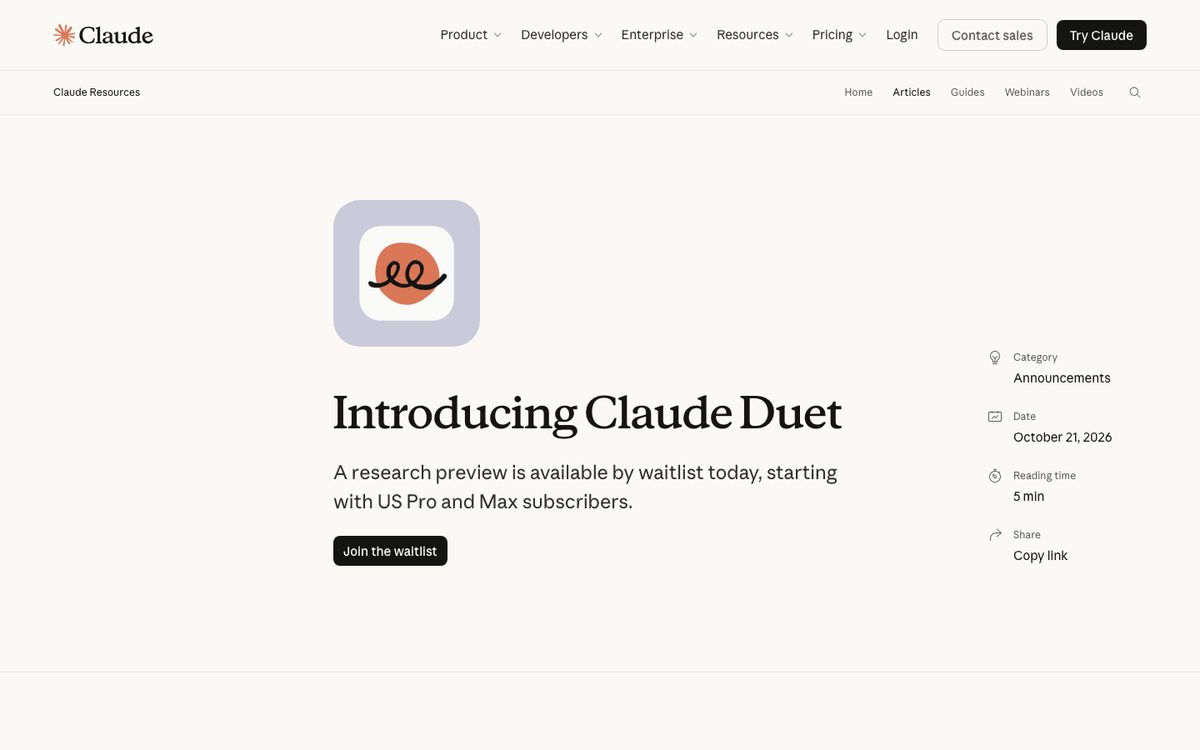 Claude article Introducing Claude Duet, dated 21 October 2026