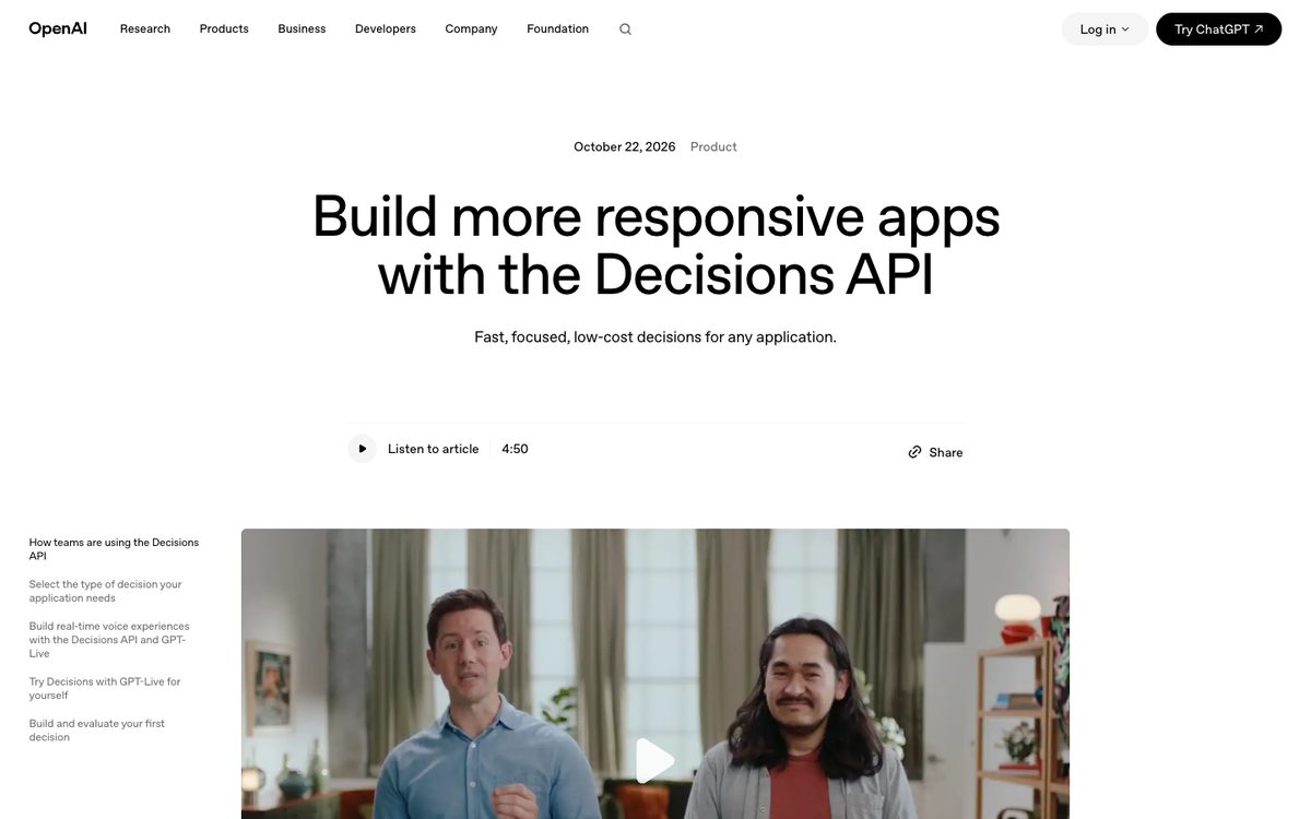 OpenAI post Build more responsive apps with the Decisions API, dated 22 October 2026