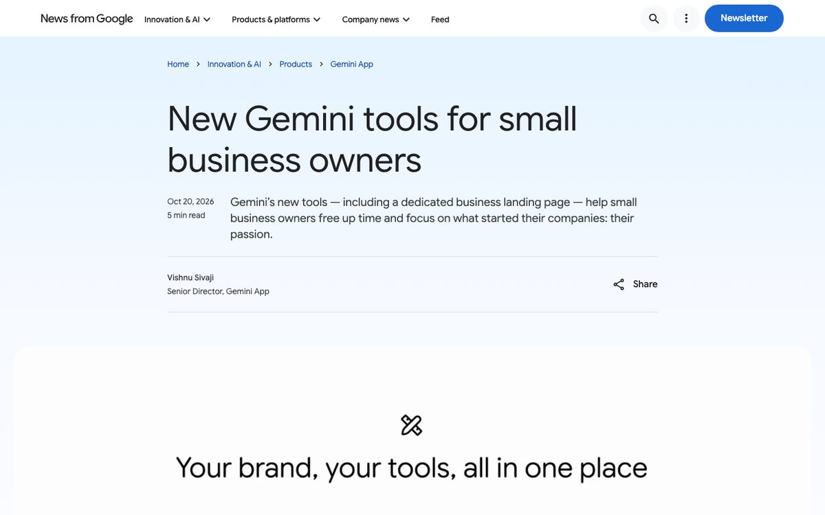Google blog post New Gemini tools for small business owners, dated 20 October 2026
