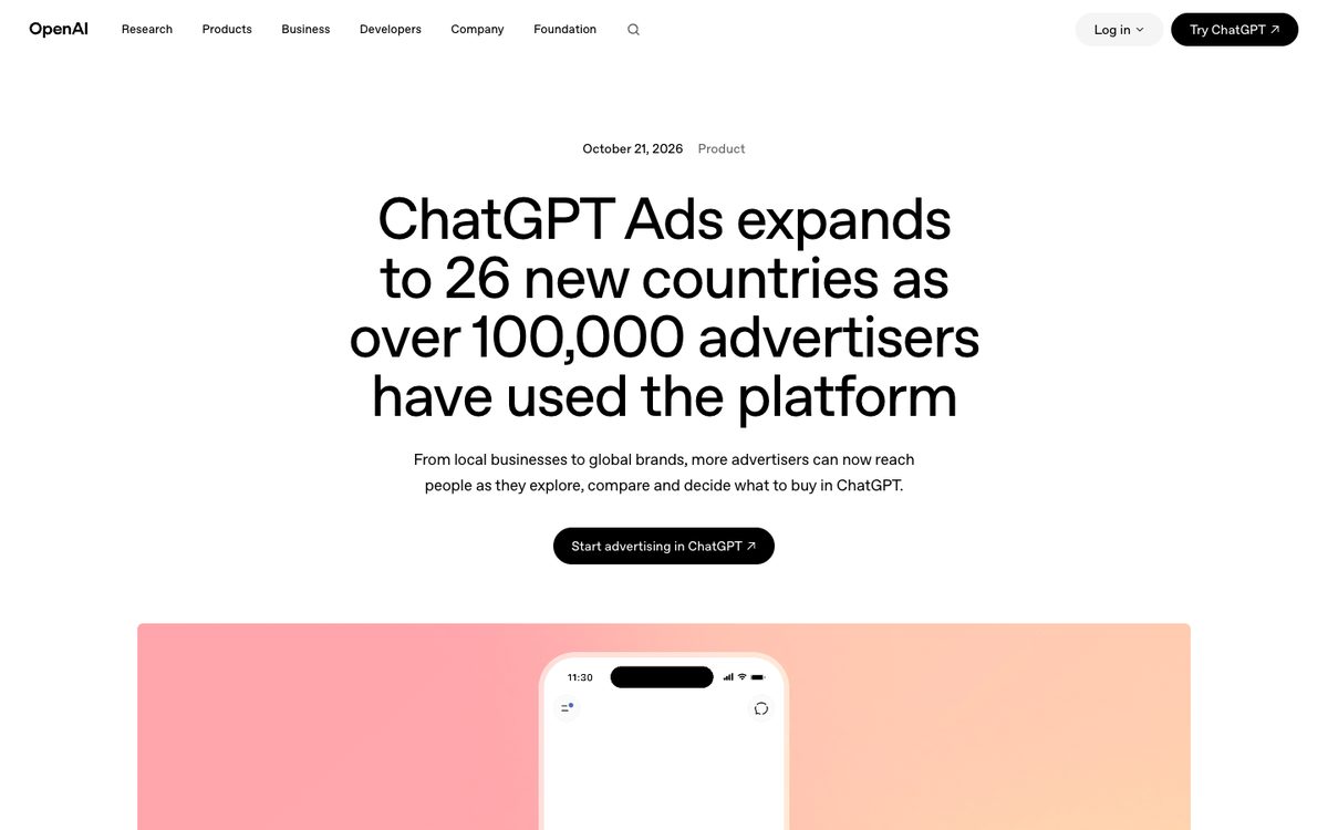 OpenAI post ChatGPT Ads expands to 26 new countries as over 100,000 advertisers have used the platform, dated 21 October 2026