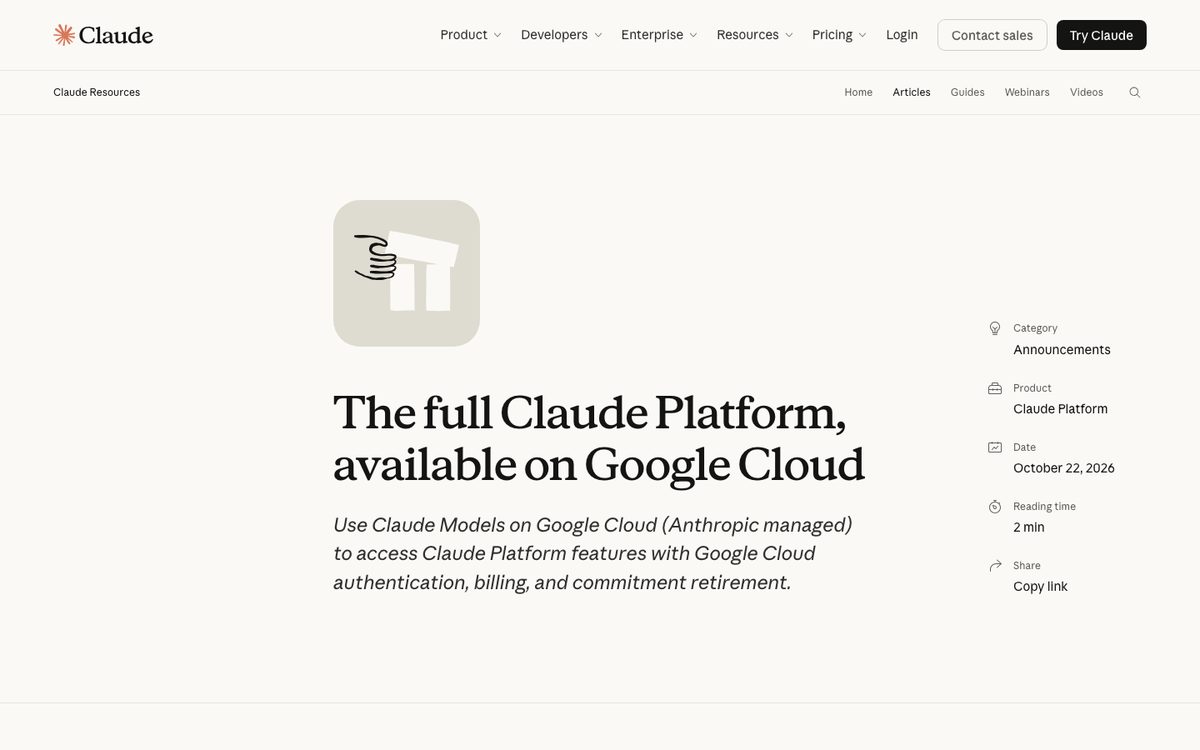 Claude article The full Claude Platform, available on Google Cloud, dated 22 October 2026