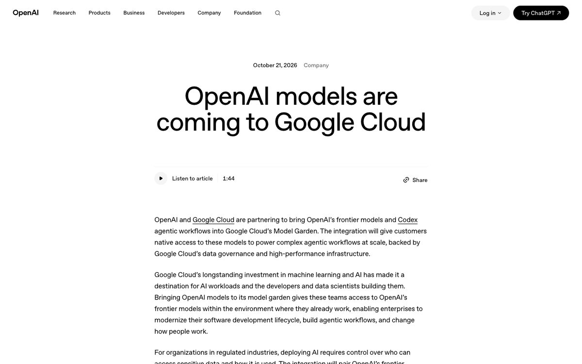 OpenAI post OpenAI models are coming to Google Cloud, dated 21 October 2026