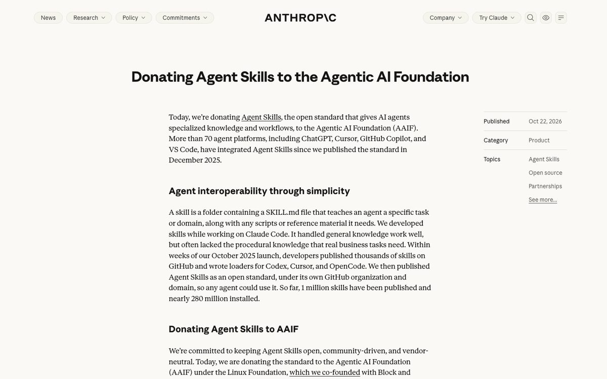 Anthropic news post Donating Agent Skills to the Agentic AI Foundation, dated 22 October 2026