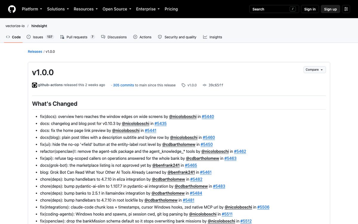 The vectorize-io/hindsight v1.0.0 release page on GitHub